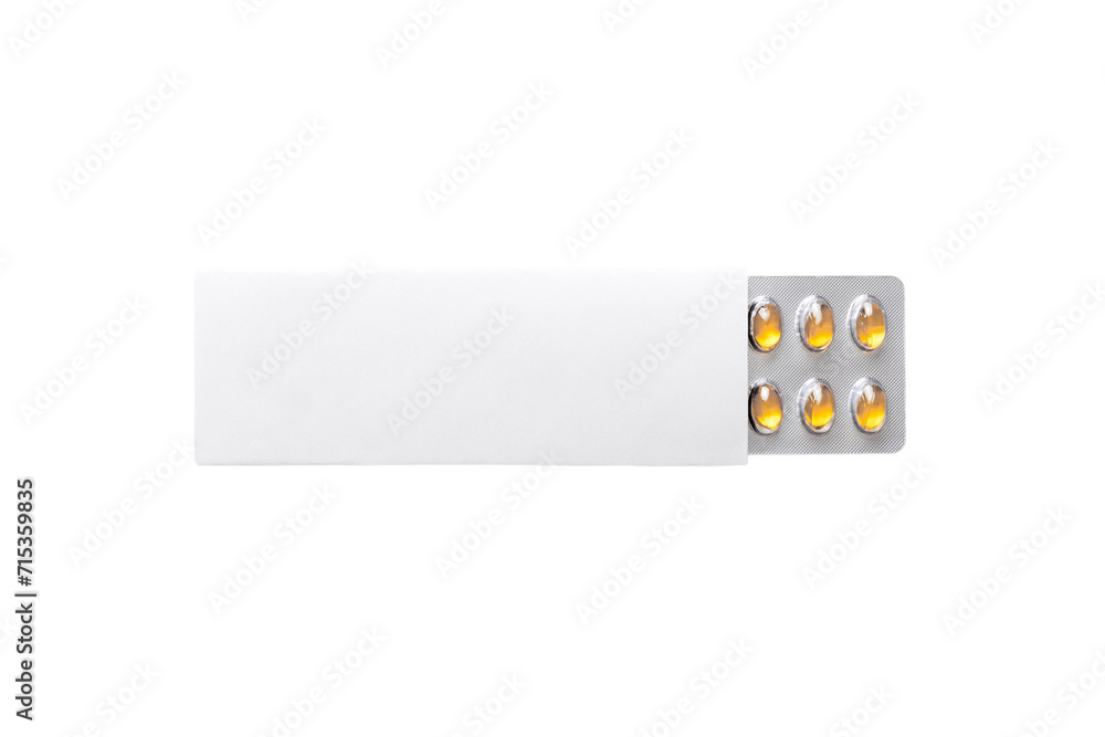 Blank White Product Package Box Mock-up. Open blank medicine drug box with omega blister top view Blank White Product Package Box Mock-up. Open blank medicine drug box with omega blister top view