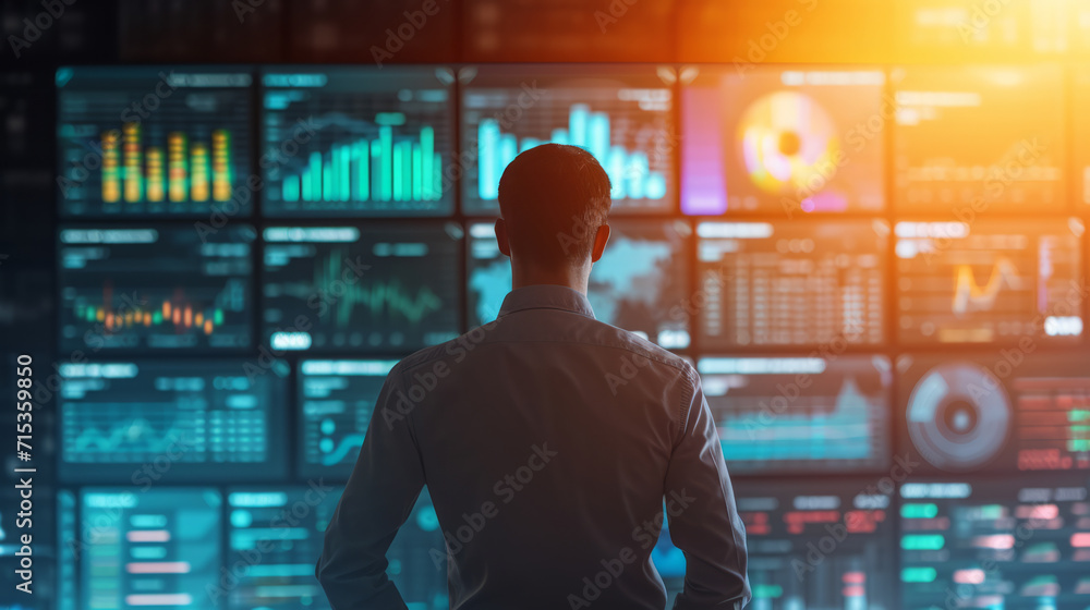 Back of a businessman in front of professional key performance indicator KPI metrics dashboard with screens and charts for sales and business results evaluation and KPI review Back of a businessman in front of professional key performance indicator KPI metrics dashboard with screens and charts for sales and business results evaluation and KPI review