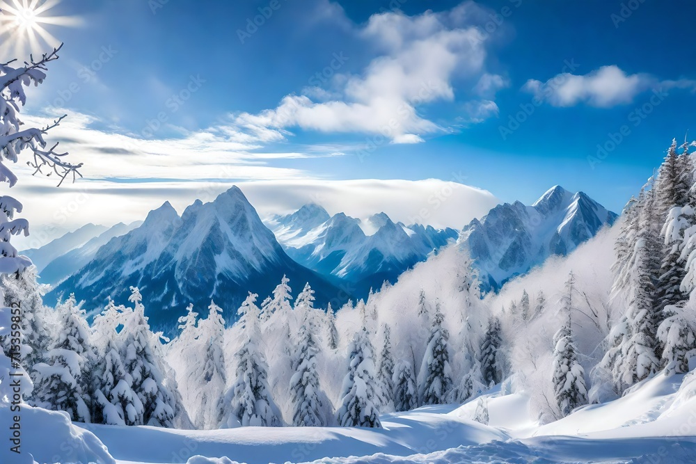 Obraz premium A peaceful, snow-covered mountain range, where the peaks glisten under the winter sun. The pure white snow blankets the landscape, muffling sound and creating a serene ambiance. 