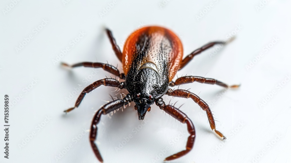 Fototapeta premium Tick on a white background: The concept serves both as a means of preventing tick bites in spring and as an educational tool for bite prevention.