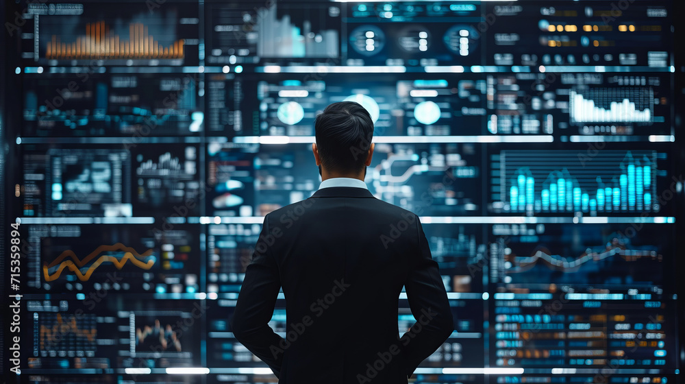 Back of a businessman in front of professional key performance indicator KPI metrics dashboard with screens and charts for sales and business results evaluation and KPI review Back of a businessman in front of professional key performance indicator KPI metrics dashboard with screens and charts for sales and business results evaluation and KPI review
