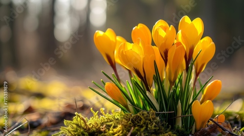 Spring background with yellow flowers crocuses. © savvalinka