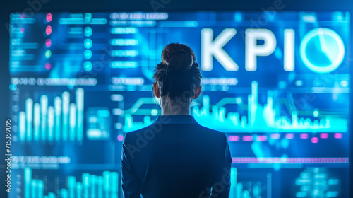 Back of a businesswoman in front of professional key performance indicator KPI metrics dashboard with screens and charts for sales and business results evaluation and KPI letters written photo