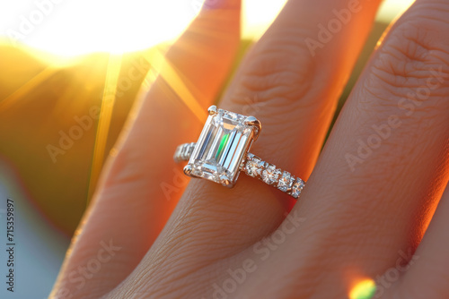 Finger wearing a luxury baguette and solitaire diamond band engagement ring photo