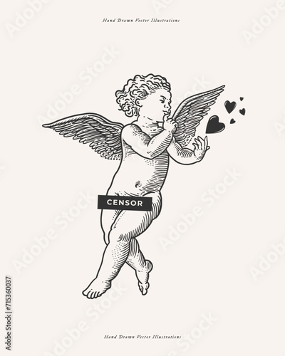Cute Cupid with flying hearts. Curly Amur in engraving style. God of love and romance. Mythological antique character on a light background.