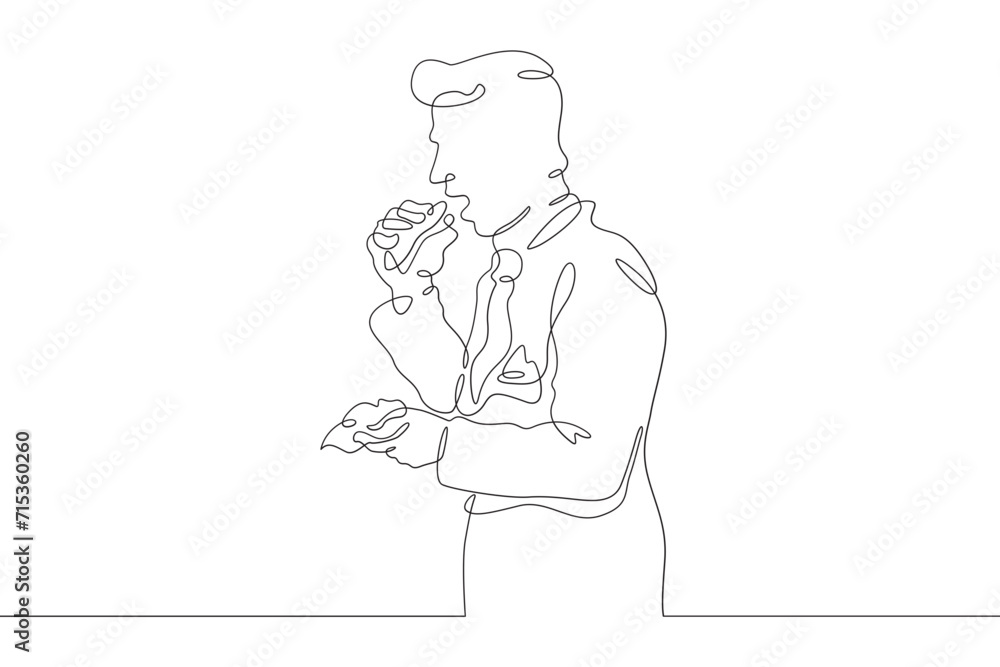 A man eats street food. Fast food. A man holds food in his hands.One continuous line drawing. Linear. Hand drawn, white background. One line