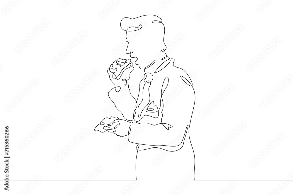 A man eats street food. Fast food. A man holds food in his hands.One continuous line drawing. Linear. Hand drawn, white background. One line