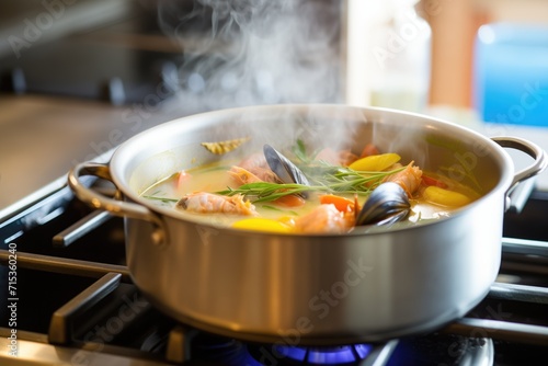 close-up of a simmering pot of bouillabaisse on stove