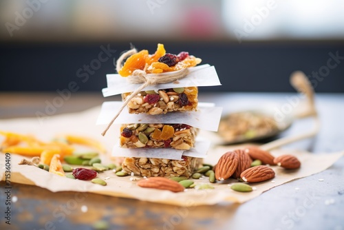 granola bar stack with dried fruits and nuts, wrapped in paper