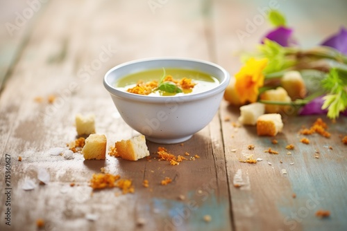 soup with croutons floating  rustic background  natural light