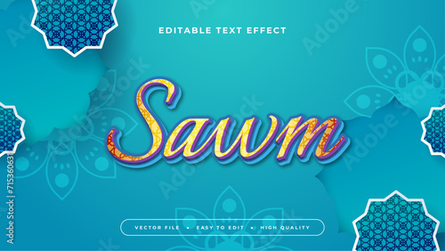 Blue white and yellow sawn 3d editable text effect - font style. Ramadan text style effect