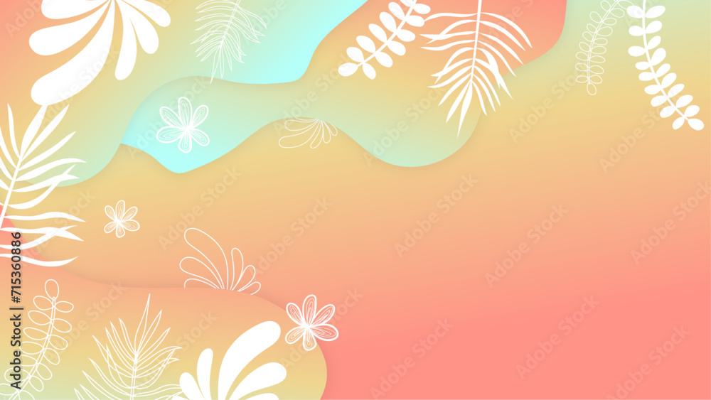 Orange blue and white vector realistic summer vacation abstract background. Summer background with beach, flower, floral, coconut, leaf, and sun
