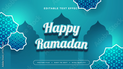 Blue green and white happy ramadan 3d editable text effect - font style. Ramadan text style effect