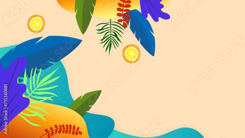 Colorful colourful vector illustration summer beach background. Summer background with beach, flower, floral, coconut, leaf, and sun