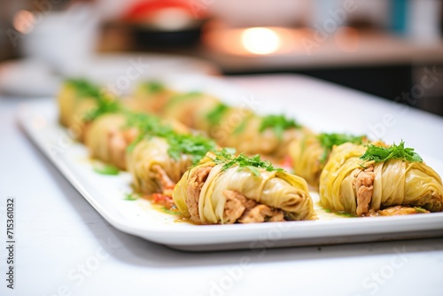 cabbage rolls arranged neatly in a row on a bright counter
