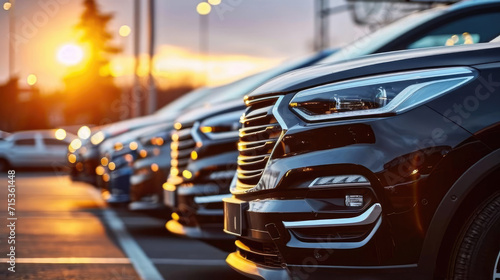 Row of brand new cars lined up outdoors in a parking lot at sunset photo
