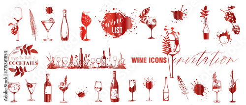 Colorful wine designs - Collection of wine glasses. Sketch vector illustration. Elements for invitation cards, advertising banners and menus. Wine glasses with plants, grasses and splashing wine.