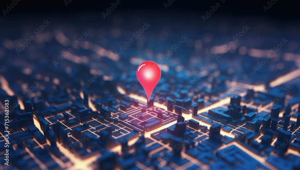 A glowing geolocation marker on a map of a nighttime city - obrazy, fototapety, plakaty 