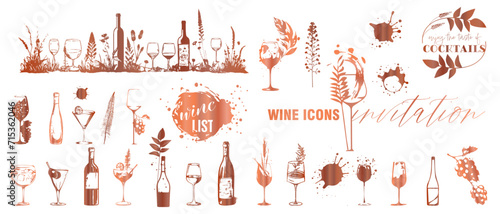 Colorful wine designs - Collection of wine glasses. Sketch vector illustration. Elements for invitation cards, advertising banners and menus. Wine glasses with plants, grasses and splashing wine.