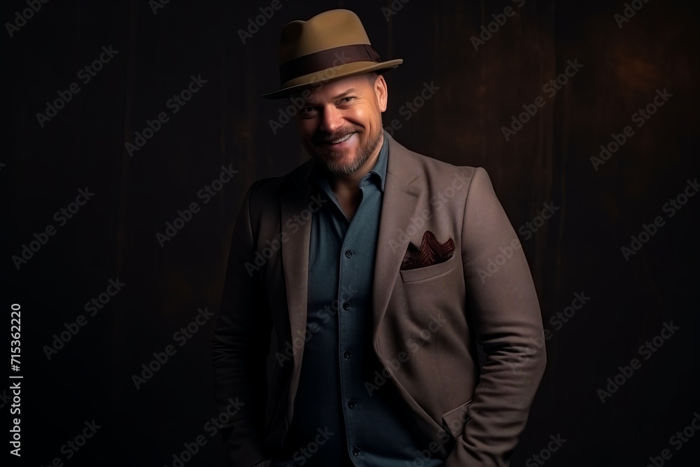 Portrait of a handsome man in a hat and jacket on a dark background