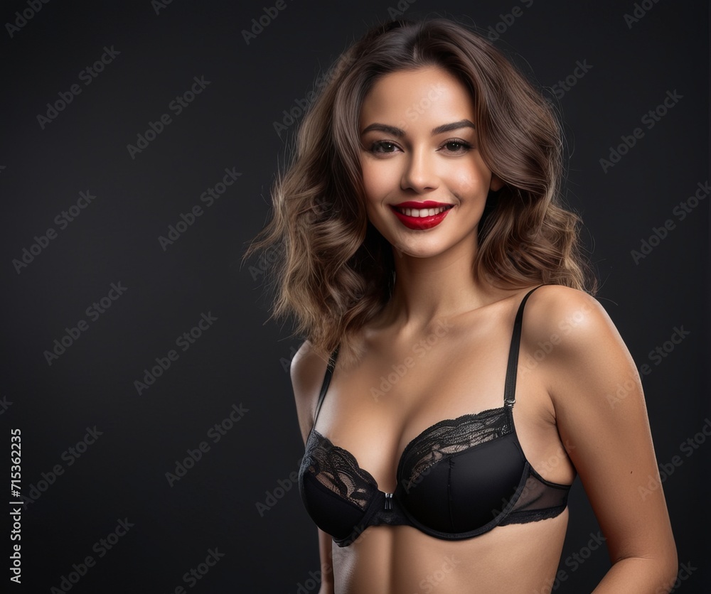 Smiling attractive young woman with sexy shapely forms, loose wavy hair in lingerie, Boudoir