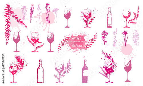 Colorful wine designs - Collection of wine glasses. Sketch vector illustration. Elements for invitation cards, advertising banners and menus. Wine glasses with plants, grasses and splashing wine.