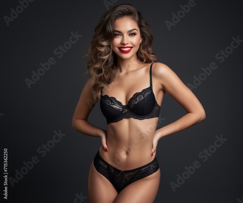 Smiling attractive young woman with sexy shapely forms  loose wavy hair in lingerie  Boudoir