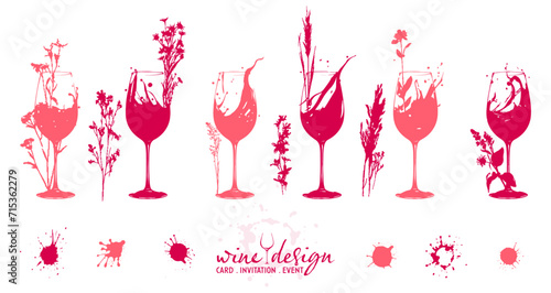 Colorful wine designs - Collection of wine glasses. Sketch vector illustration. Elements for invitation cards, advertising banners and menus. Wine glasses with plants, grasses and splashing wine.