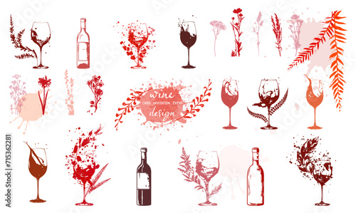 Colorful wine designs - Collection of wine glasses. Sketch vector illustration. Elements for invitation cards, advertising banners and menus. Wine glasses with plants, grasses and splashing wine.