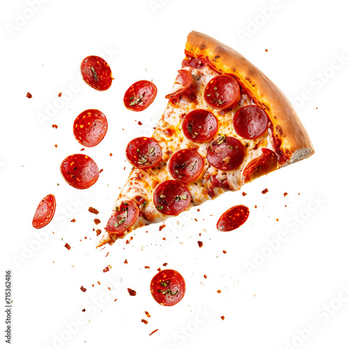 Flying slice of Pepperoni Pizza flying falling isolated on white transparent background, top view, ultra realistic, PNG
