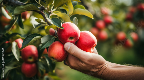 Hands touching and inspect the quality of red apple branch full of apples before plucking the harvest