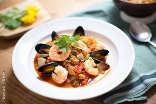 plated cioppino topped with a sprinkle of chili flakes, on a textured mat