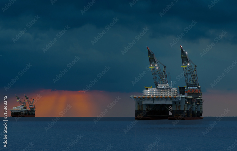 offshore oil rig in the ocean during sunset.3D illustration. offshore oil rig in the ocean during sunset.3D illustration.