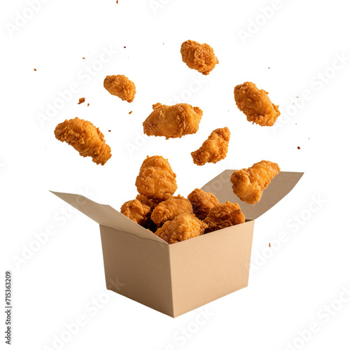 Chicken nuggets flying falling isolated on white transparent background, top view, ultra realistic, PNG