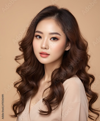 Young Asian beauty woman curly long hair with korean makeup style
