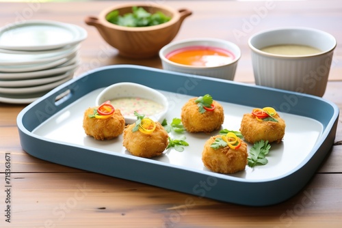 individual crab cakes on a ceramic tray with dipping bowls