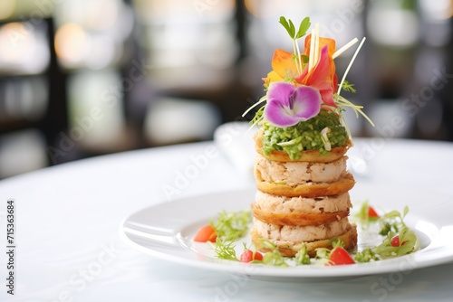 high stack of crab cakes with a seafood dip centerpiece