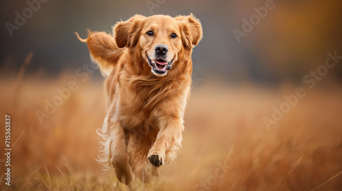 A golden retriever running through a meadow with a developing coat