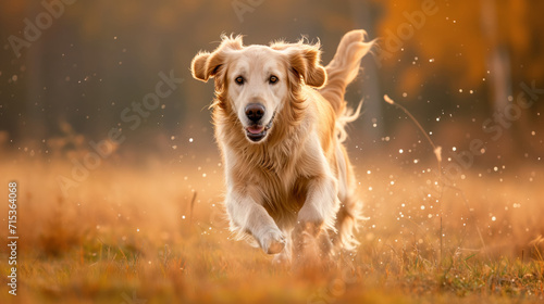 A golden retriever running through a meadow with a developing coat