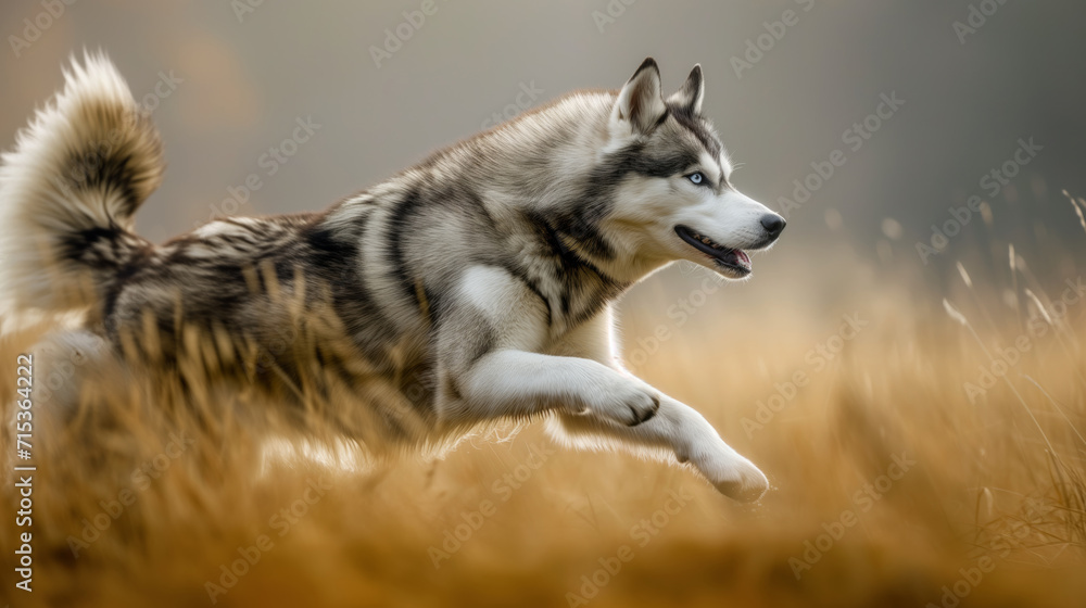Running husky dog, wolf across the meadow Running husky dog, wolf across the meadow