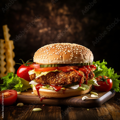 Crispy chicken burger on wood board generated.AI