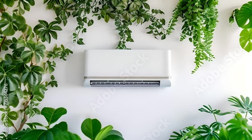 Air conditioner surrounded by green plants on white wall, blank template mock up.