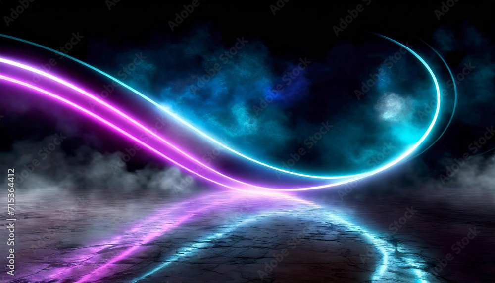 Abstract panoramic background of curvy dynamic neon lines glowing in the dark room with floor reflection. Virtual fluorescent ribbon