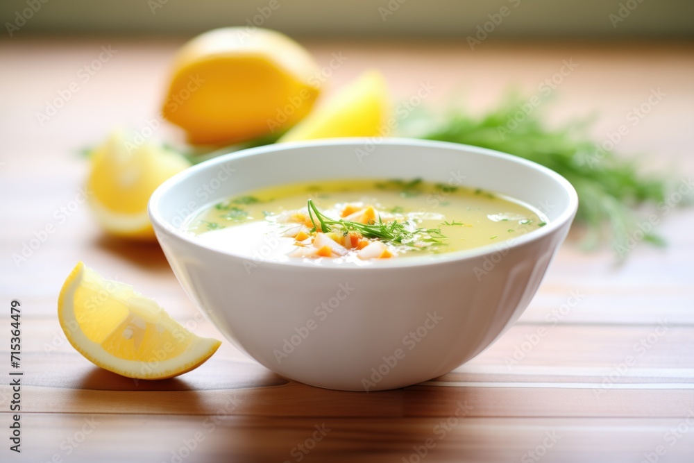 bowl of soup with fresh thyme and lemon wedge garnishes bowl of soup with fresh thyme and lemon wedge garnishes