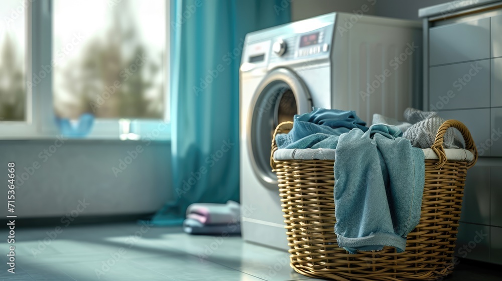 Basket with clothes in laundry room with washing machine on background Basket with clothes in laundry room with washing machine on background