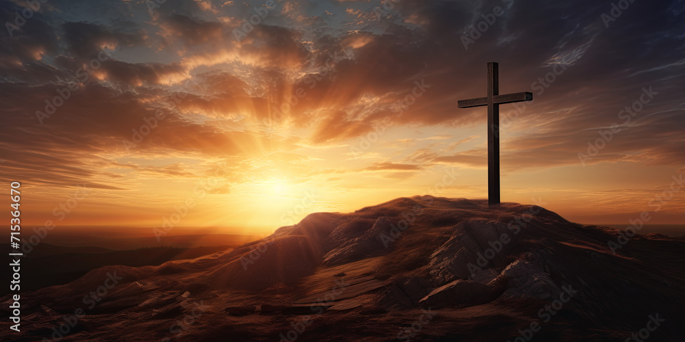 Resurrection Radiance: Cross in Sunrise Glory Background - obrazy, fototapety, plakaty 