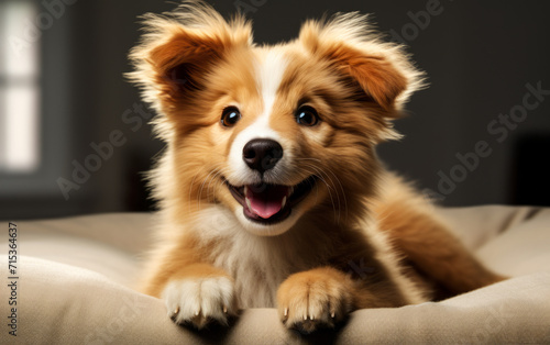 Adorable fluffy golden-brown puppy with a joyful expression lying down on a soft white background, radiating happiness and playfulness © Bartek