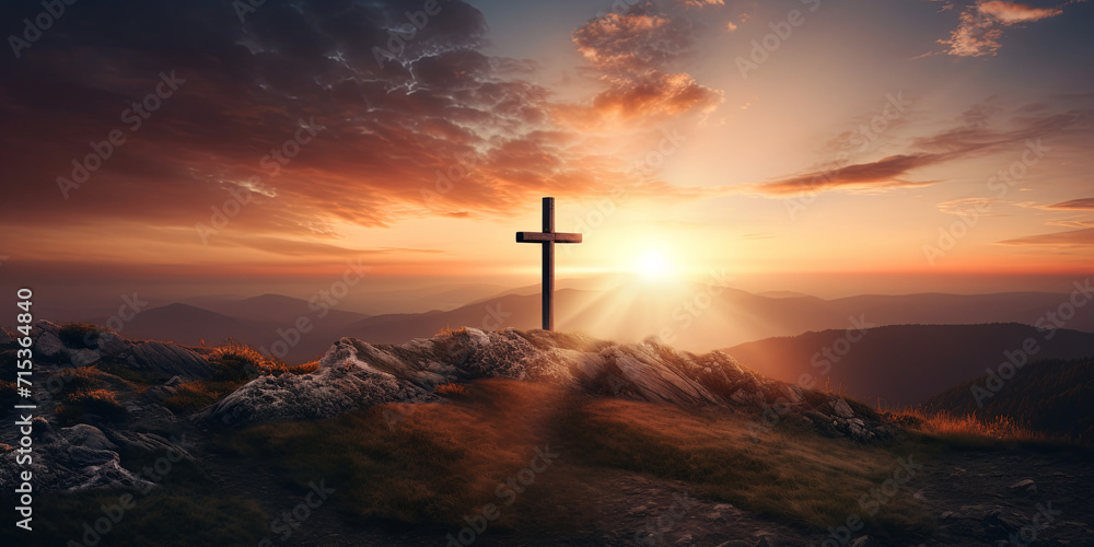 Resurrection Radiance: Cross in Sunrise Glory Background