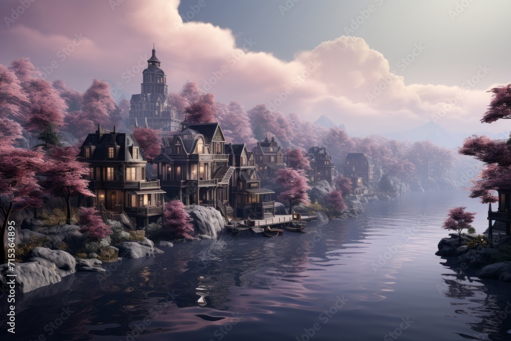 Lakeside Townhouses Aerial Scene, on an isolated Misty Lavender background, Generative AI