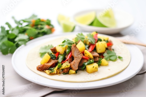 spicy pork fajitas with pineapple and cilantro on a white plate